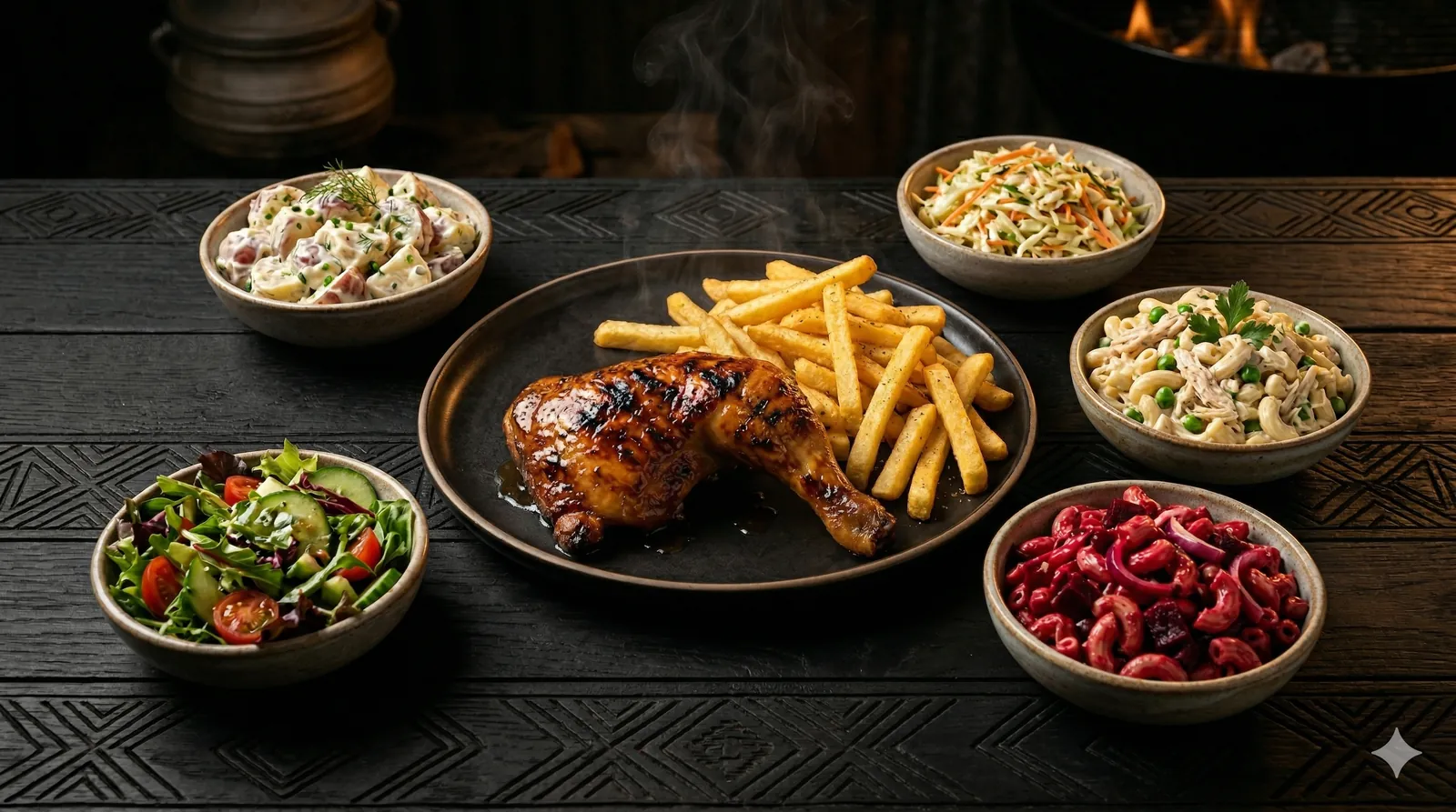Chicken meal surrounded by colourful salads and sides