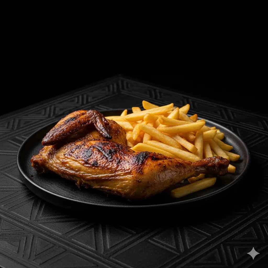 Flame-grilled chicken portion served with chips