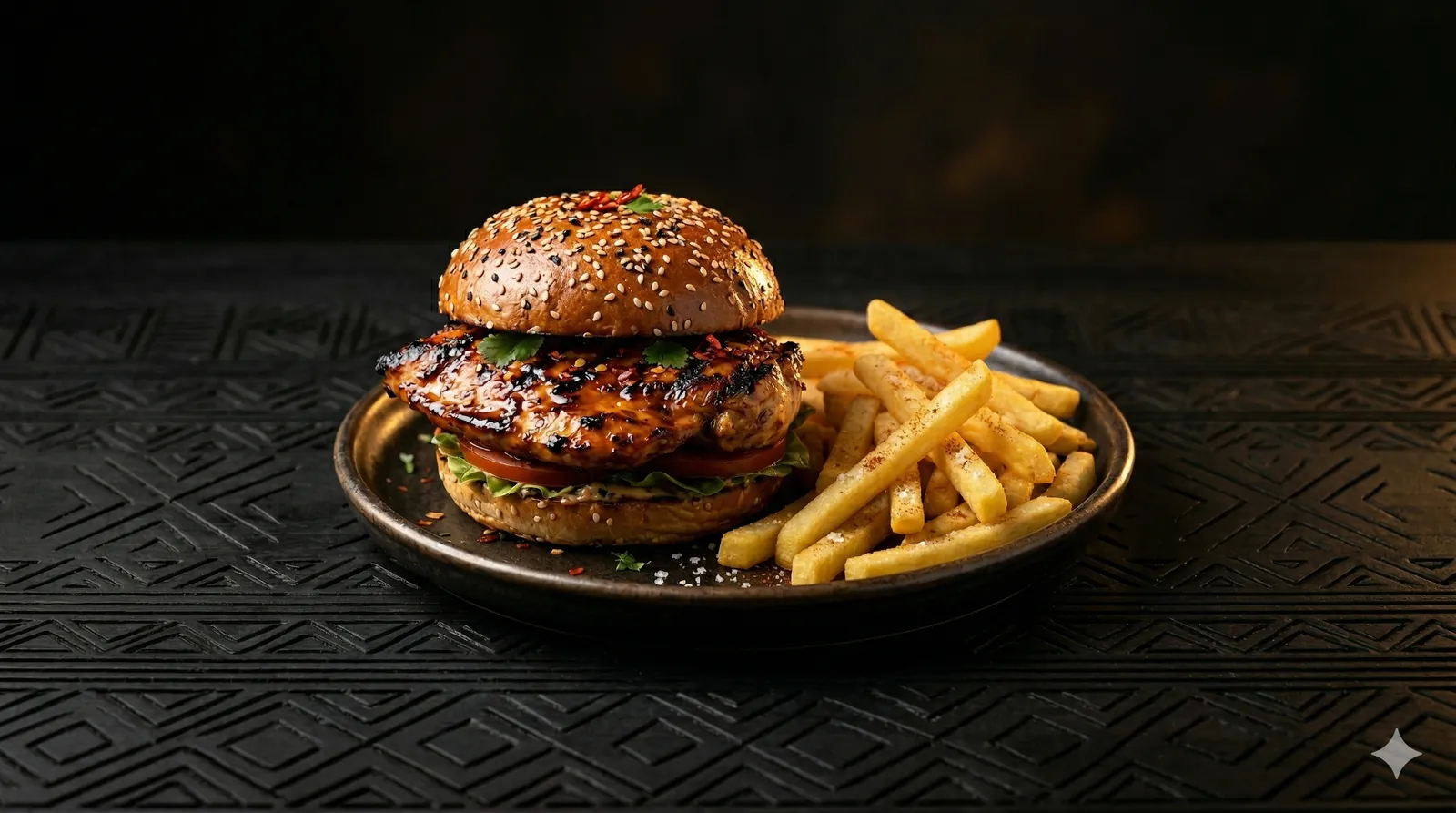 Double chicken burger served with chips