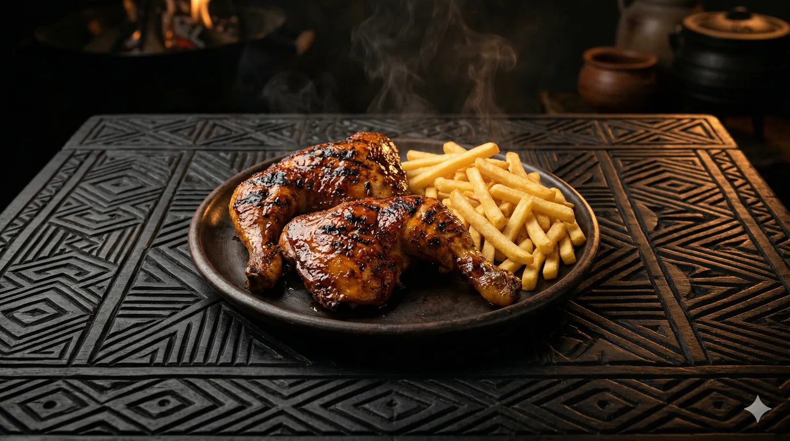 Flame-grilled quarter chickens with chips