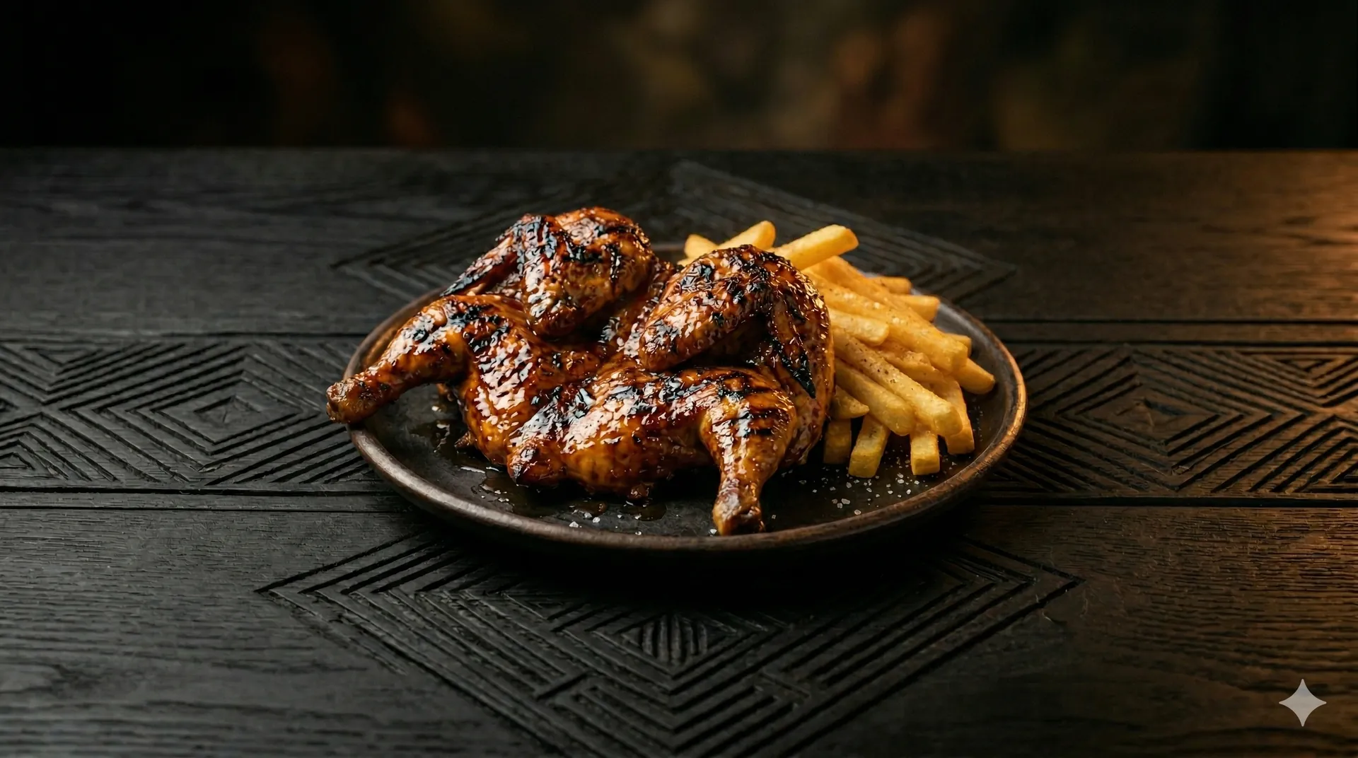 Atmospheric shot of flame-grilled chicken
