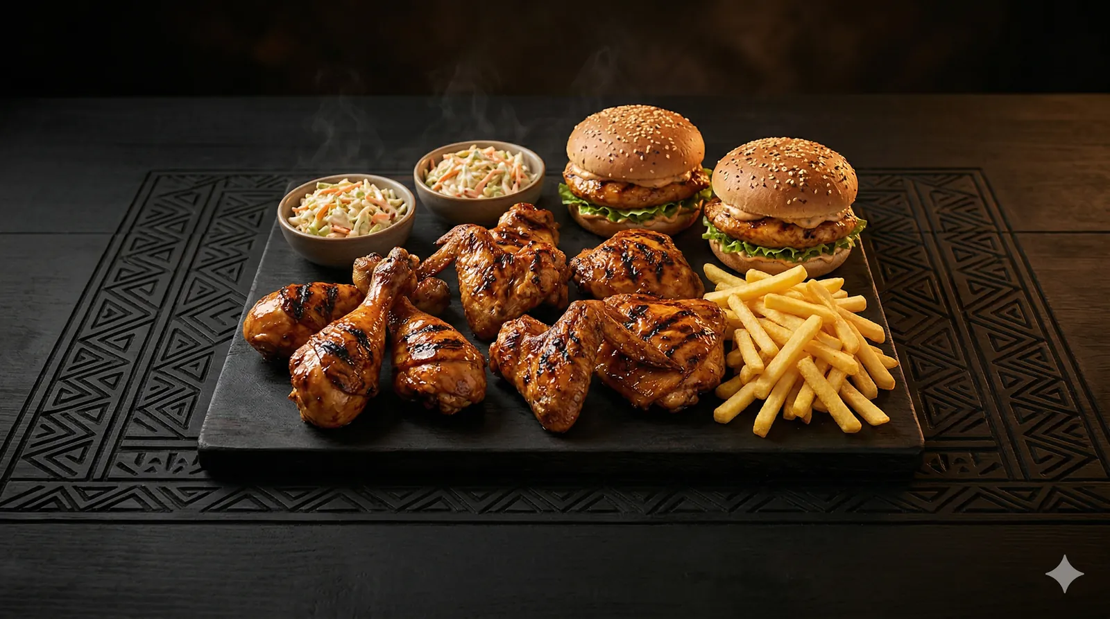 Family chicken feast with burgers, wings, chips and salads